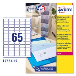 2291-PAQUETE 25 HOJAS MINI ETIQUETAS TRANSPARENTES-IMPRESORAS LASER-38,1X21,2 MM AVERY L7551-25