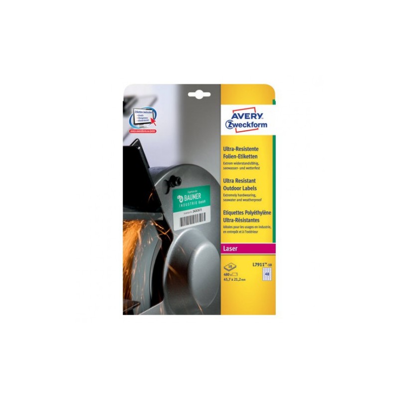 2294-PAQUETE 10 HOJAS ETIQUETAS MUY RESISTENTES DE POLIETILENO FLEXIBLE-45,7 X 21,2 MM AVERY L7911-10 2294-PAQUETE 10 HOJAS ETIQUETAS MUY RESISTENTES DE POLIETILENO FLEXIBLE-45,7 X 21,2 MM AVERY L7911-10