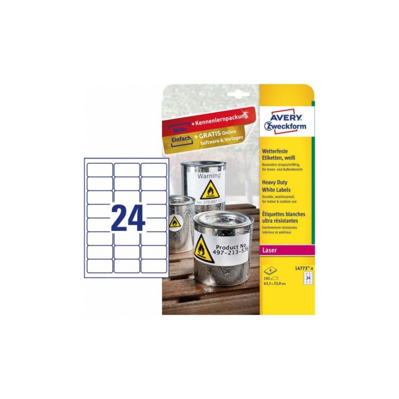 2298-PAQUETE 8 HOJAS ETIQUETAS DE POLIESTER BLANCO PARA IMPRESORAS LASER 63,5X33,9 MM AVERY L4773-8 2298-PAQUETE 8 HOJAS ETIQUETAS DE POLIESTER BLANCO PARA IMPRESORAS LASER 63,5X33,9 MM AVERY L4773-8