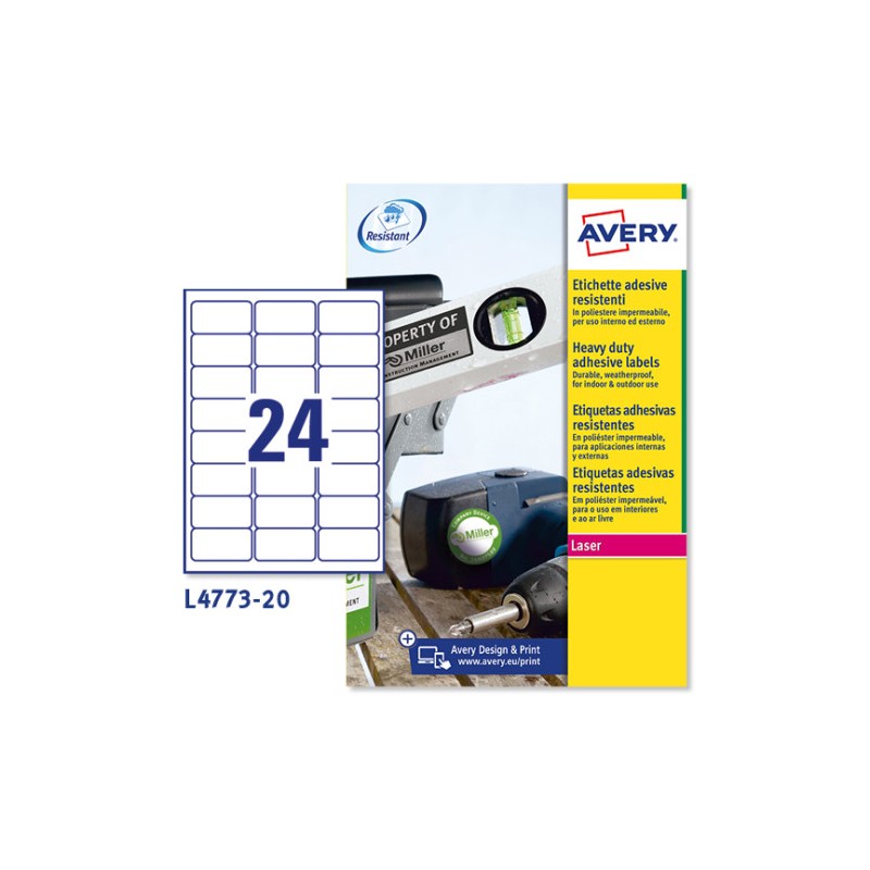 2300-PAQUETE 20 HOJAS ETIQUETAS DE POLIESTER BLANCO-IMPRESORAS LASER-63,5X33,9 MM AVERY L4773-20 2300-PAQUETE 20 HOJAS ETIQUETAS DE POLIESTER BLANCO-IMPRESORAS LASER-63,5X33,9 MM AVERY L4773-20