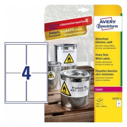 2302-PAQUETE 8 HOJAS ETIQUETAS DE POLIESTER BLANCO PARA IMPRESORAS LASER 99,1X139 MM AVERY L4774-8