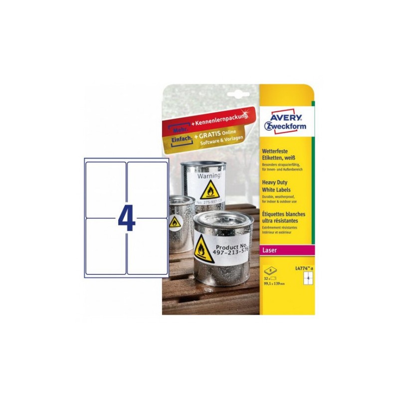 2302-PAQUETE 8 HOJAS ETIQUETAS DE POLIESTER BLANCO PARA IMPRESORAS LASER 99,1X139 MM AVERY L4774-8 2302-PAQUETE 8 HOJAS ETIQUETAS DE POLIESTER BLANCO PARA IMPRESORAS LASER 99,1X139 MM AVERY L4774-8