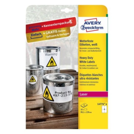 2303-PAQUETE 8 HOJAS ETIQUETAS DE POLIESTER BLANCO PARA IMPRESORAS LASER 99,1X139 MM AVERY L4774-8