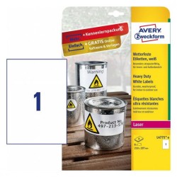 2304-PAQUETE 8 HOJAS ETIQUETAS DE POLIESTER BLANCO-IMPRESORAS LASER-210X297 MM AVERY L4775-8