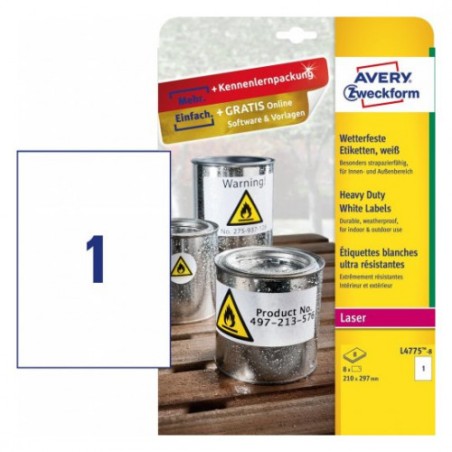 2304-PAQUETE 8 HOJAS ETIQUETAS DE POLIESTER BLANCO-IMPRESORAS LASER-210X297 MM AVERY L4775-8