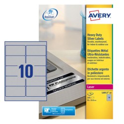 2310-PAQUETE 20 HOJAS ETIQUETAS PLATEADAS DE POLIESTER-IMPRESORAS LASER-96X50,8 MM AVERY L6012-20