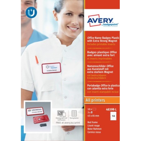2328-CAJA 10 PORTANOMBRES OFFICE BADGE ROJO CON IMAN EXTRA FUERTE--37 X 75 MM AVERY 4839R-L