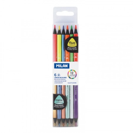 24453-CAJA DE 6 LAPICES COLORES FLUORESCENTES METALALIZADOS BICOLOR MILAN 7123306B