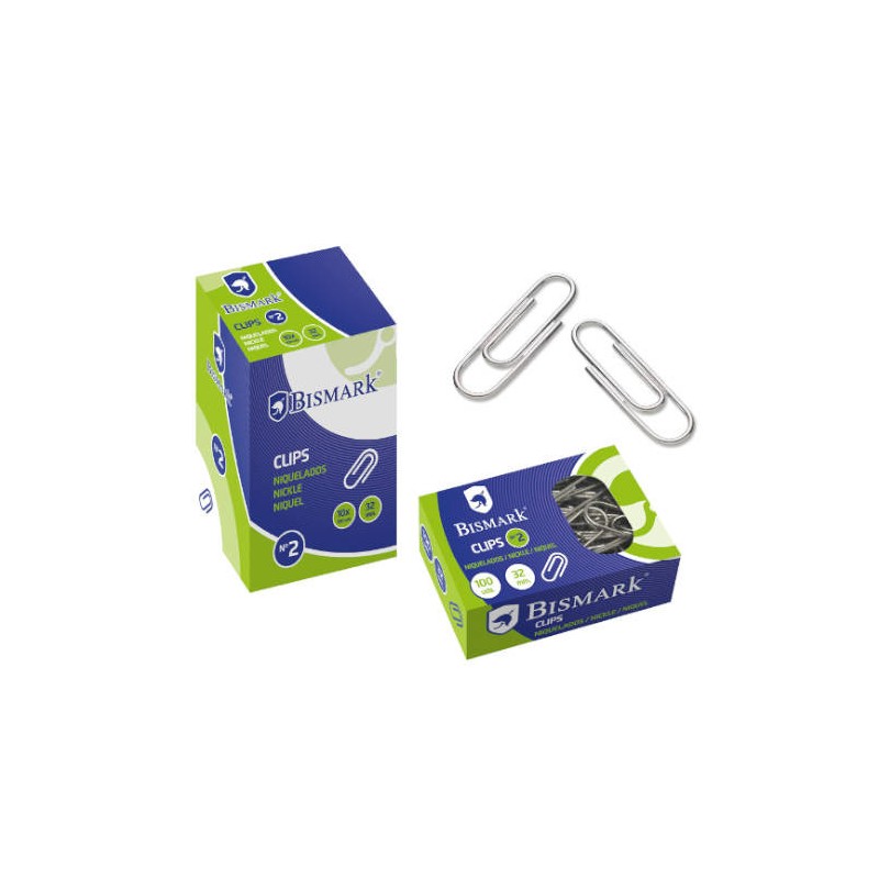 2512-CAJA 100 CLIPS LABIADOS NIQUELADOS PUNTA REDONDA No 2 DE 32 MM. BISMARK 316865