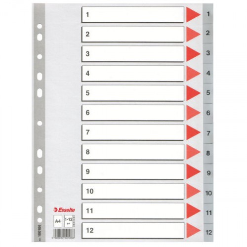 25259-SEPARADOR NUMERICO POLIPROPILENO MULTITALADRO 1-12 FORMATO A4 COLOR GRIS ESSELTE 47138