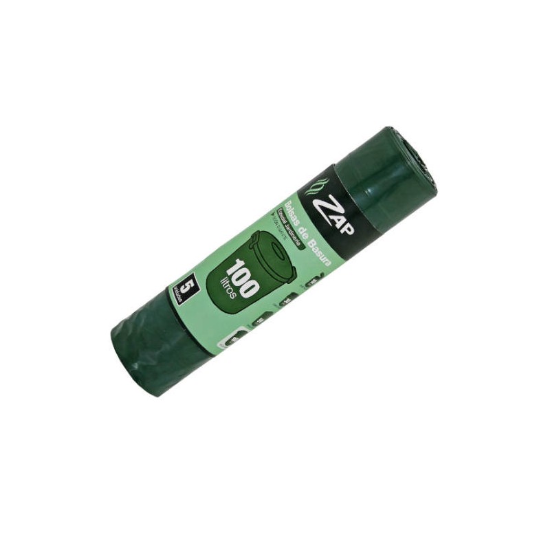 2538-ROLLO 5 UNIDADES BOLSA BASURA VERDE ESPECIAL JARDINERIA 100 LITROS ZAP 320391