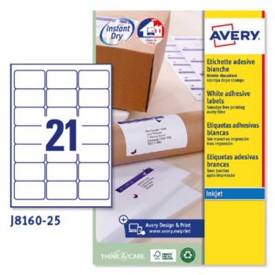 PAQUETE 25 HOJAS ETIQUETAS BLANCAS QUICK DRY IMPRESORAS DE INYECCIoN DE TINTA 635X381 MM AVERY J8160 25