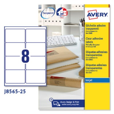 PAQUETE 25 HOJAS ETIQUETAS TRANSPARENTES QUICKPEEL IMPRESORAS DE INYECCIoN DE TINTA 991X677 MM AVERY J8565 25