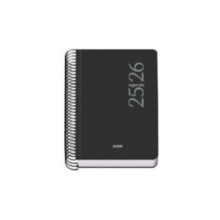 26194-AGENDA ESCOLAR 2025-2026 TAMANO A6 TAPA CARTON FORRADO DIA PAGINA MODELO ESENCIAL BASIC NEGRO DOHE 52079