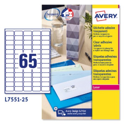 PAQUETE 25 HOJAS MINI ETIQUETAS TRANSPARENTES IMPRESORAS LaSER 381X212 MM AVERY L7551 25