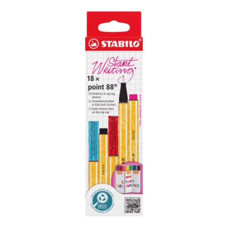 26267-ESTUCHE CARTON ZIG-ZAG ROTULADOR PUNTA FINA 0,4MM. POINT 88 CON 18 UNIDADES COLORES SURTIDOS STABILO 8818-5