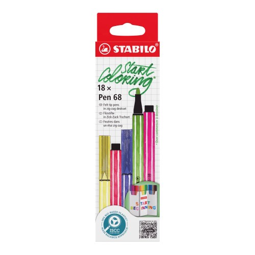 26270-ESTUCHE CARTON ZIG-ZAG ROTULADORES PUNTA FIBRA MEDIA 1MM. PEN 68 CON 18 UNIDADES COLORES SURTIDOS STABILO 6818-8