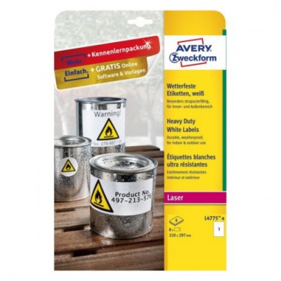 PAQUETE 8 HOJAS ETIQUETAS DE POLIeSTER BLANCO IMPRESORAS LaSER 210X297 MM AVERY L4775 8