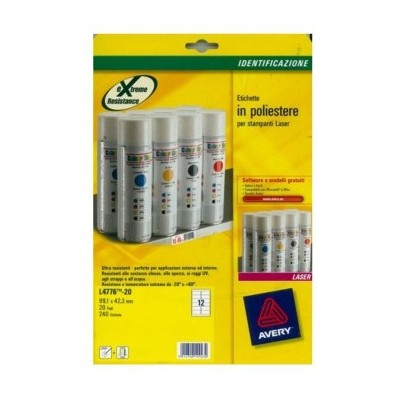 PAQUETE 20 HOJAS ETIQUETAS DE POLIeSTER BLANCO IMPRESORAS LaSER 991X423 MM AVERY L4776 20