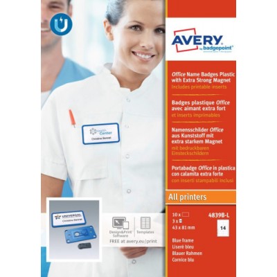 CAJA 10 PORTANOMBRES OFFICE BADGE AZUL CON IMaN EXTRA FUERTE37 X 75 MM AVERY 4839B L