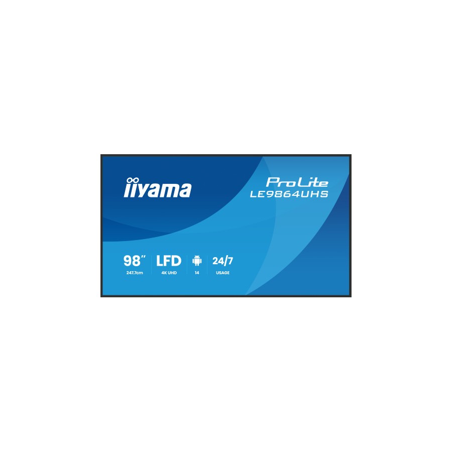 27102-IIYAMA MONITOR 98" 3840x2160, UHD VA DLED 500cd/m, HORIZ Y VERT, MM 2x 10W, 2x HDMIx 1x USB-C, USB 2.0 x2, WiFi, 27102-IIYAMA MONITOR 98" 3840x2160, UHD VA DLED 500cd/m, HORIZ Y VERT, MM 2x 10W, 2x HDMIx 1x USB-C, USB 2.0 x2, WiFi,