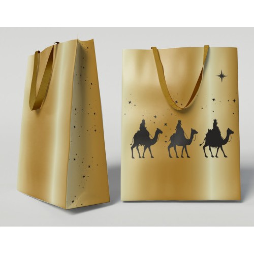 29982-BOLSA DORADA PAPEL REYES MAGOS S (24X10X32 CM) CON TARJETA COLGANTE BISMARK 333673