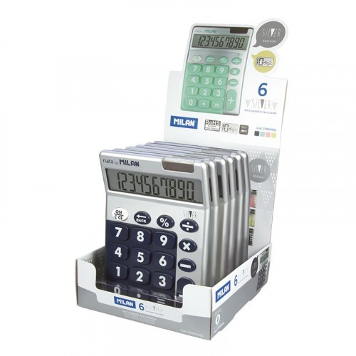 3176-EXPOSITOR 6 CALCULADORAS 10 DIGITOS SILVER COLORES SURTIDOS MILAN 159906SL
