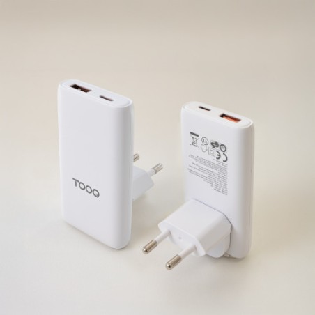 32743-TooQ Cargador de viaje Tipo C y Tipo A, GaN 65W, USB-C/PD + USB-A/QC, Blanco