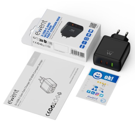 34206-(ABM) EWENT CARGADOR GAN FAST DE 65W, 3 PUERTOS (2 USB-C PD Y 1USB-A QC) DISENO COMPACTO