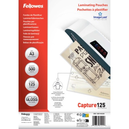 34816-PACK 500 FUNDAS PLASTIFICAR 125 MICRAS BRILLO A3 (303X426 MM) FELLOWES 100144250