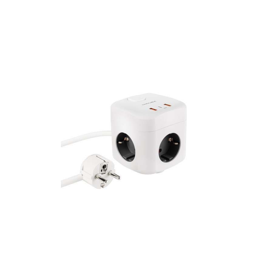 38409-Nanocable Base de 3 enchufes con 3 USB (2 USB-A + 1 USB-C), GaN + PPS, PD 20W, con interruptor, Blanco