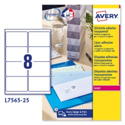 3846-PAQUETE 25 HOJAS ETIQUETAS TRANSPARENTES QUICKPEEL-IMPRESORAS LASER 99,1X67,7 MM AVERY L7565-25