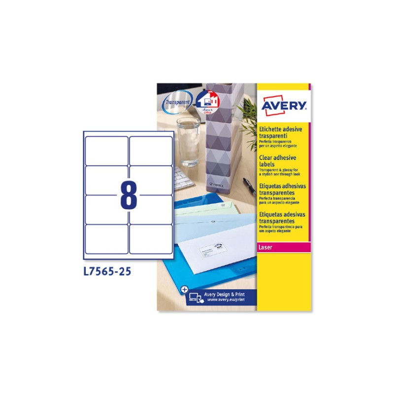 3846-PAQUETE 25 HOJAS ETIQUETAS TRANSPARENTES QUICKPEEL-IMPRESORAS LASER 99,1X67,7 MM AVERY L7565-25