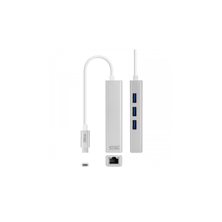 39317-Nanocable Conversor USB-C a Ethernet Gigabit + 3xUSB 3.0, Plata, 15 cm