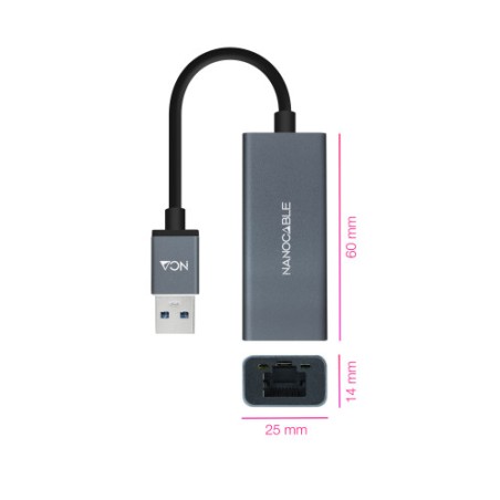 39430-Nanocable Conversor USB 3.0 a Ethernet Gigabit 10/100/1000 Mbps, Aluminio, Gris, 15 cm