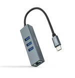 39431-Nanocable Conversor USB-C a Ethernet Gigabit + 3XUSB 3.0, Aluminio, Gris, 15 cm