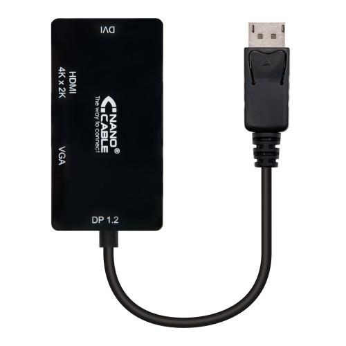 39511-Nanocable Conversor Displayport a VGA / HDMI, 3 en 1, DP 1.2/M-VGA/H-HDMI/H 4K, Negro, 15 cm
