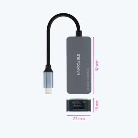 39542-Nanocable Conversor USB-C 3.2 GEN1 a Ethernet 2.5G, Aluminio, Gris, 15 cm