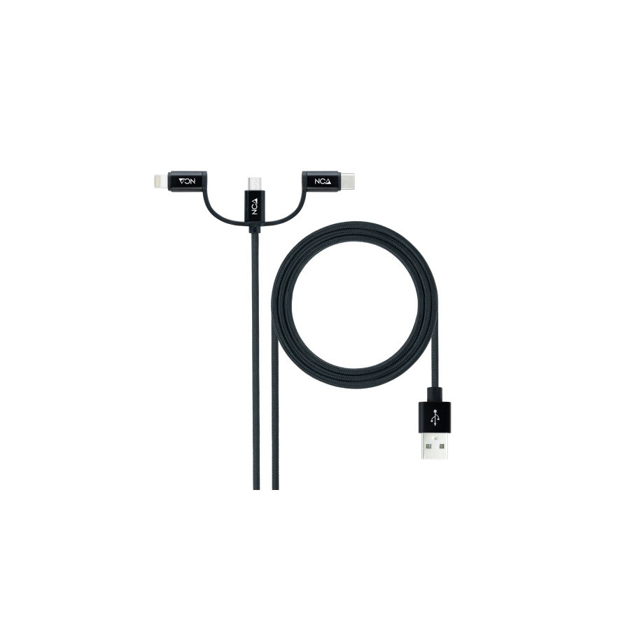 39575-Nanocable Cable USB 3 en 1 Carga/Datos USB-A a USB-C/Micro USB/Lightning 1 m, Negro
