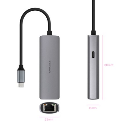 39592-Nanocable Adaptador USB-C 3.1 a RJ45, con PD 100W, USB-C/M, Aluminio, Color Gris, 18 cm