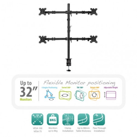 4069-Ewent EW1514 soporte de mesa para pantalla plana 81,3 cm (32") Abrazadera/Atornillado Negro