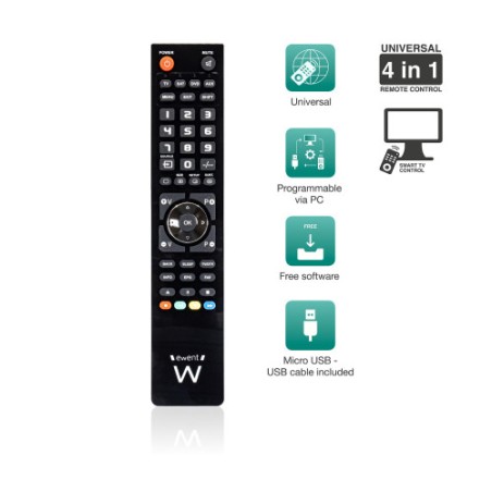 4664-Ewent EW1570 mando a distancia DTT, DVD/Blu-ray, Proyector, SAT, STB, Altavoz para barra de sonido, TV, Universal,