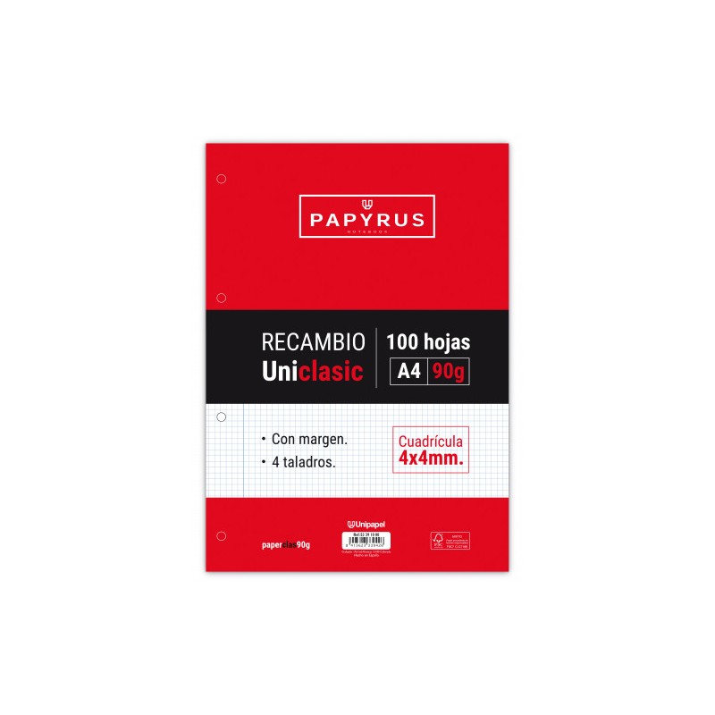5403-RECAMBIO PAQUETE 100 HOJAS A4 UNICLASIC 90 GR. 4X4 CON MARGEN PAPYRUS 53391000 5403-RECAMBIO PAQUETE 100 HOJAS A4 UNICLASIC 90 GR. 4X4 CON MARGEN PAPYRUS 53391000