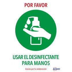 5621-SENALES ADHESIVOS PREIMPRESO  "USAR DESINFECTANTE PARA LAS MANOS" SOBRE DE 2 HOJAS EN A4 AVERY AV_KITCOVID3_ES