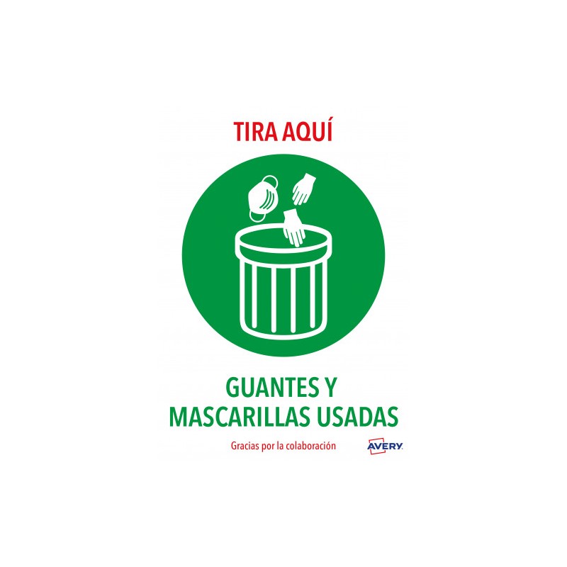 5629-SENALES ADHESIVOS PREIMPRESO  "TIRA AQUI GUANTES Y MASCARILLAS USADAS" SOBRE DE 2 HOJAS EN A4 AVERY AV_KITCOVID7_ES