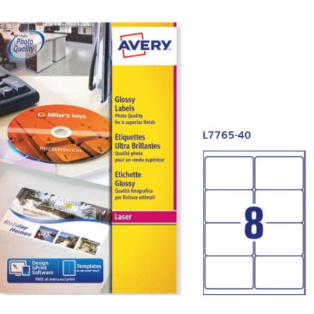 6978-CAJA DE 40 HOJAS (8 ETIQXHOJA) ETIQUETAS BLANCAS BRILLANTES 99,1X67,7MM AVERY L7765-40