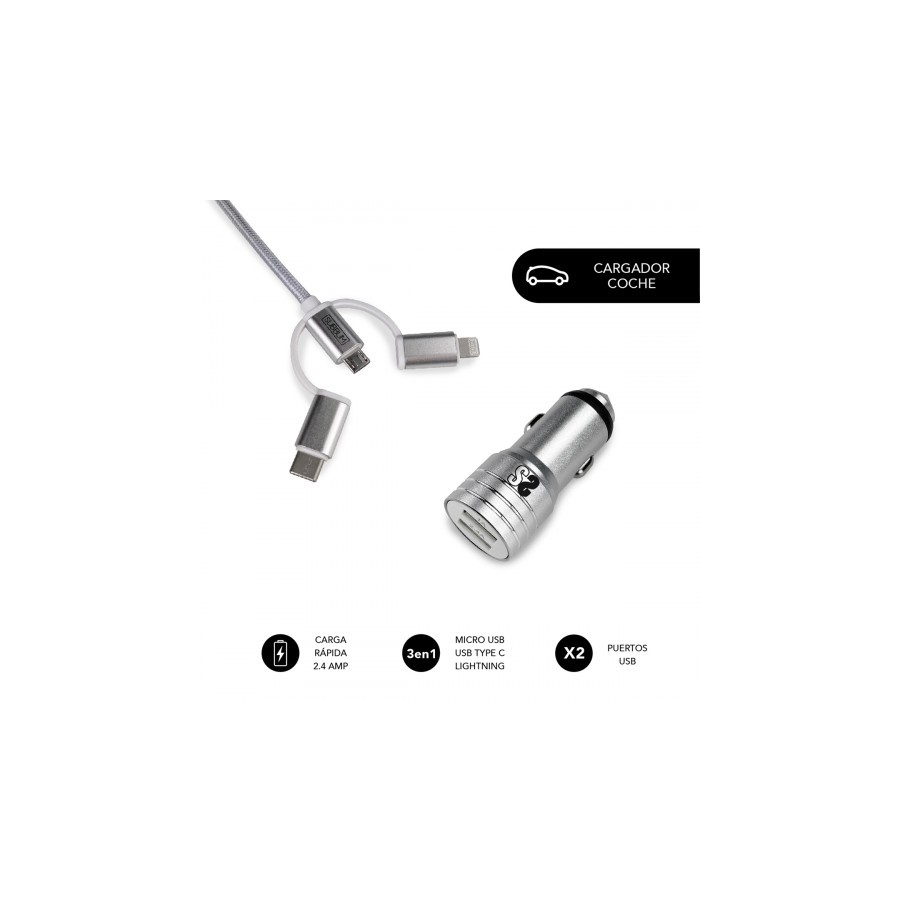 8487-SUBBLIM Cargador Coche 2xUSB Dual Car Charger Alum 2.4A + Cable 3 in 1 Silver 8487-SUBBLIM Cargador Coche 2xUSB Dual Car Charger Alum 2.4A + Cable 3 in 1 Silver