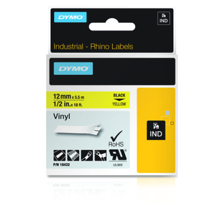 961-CINTA ROTULADORA RHINOPRO VINILO 12MMX5.5M NEGRO/AMARILLO DYMO 18432