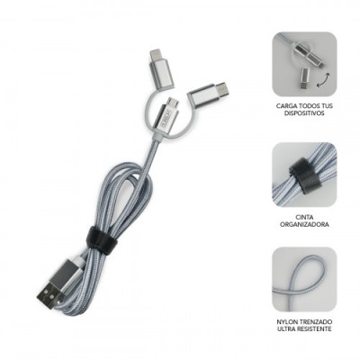 SUBBLIM CARGADOR USB DE VIAJE PARED 2xUSB 24A CABLE 3EN1 WHITE Plata Blanco Interior