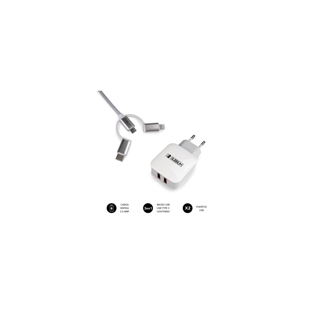 SUBBLIM CARGADOR USB DE VIAJE PARED 2xUSB 24A CABLE 3EN1 WHITE Plata Blanco Interior